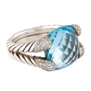 David Yurman Size 7 Sterling Silver Blue Topaz & Diamond Cable Cocktail Ring